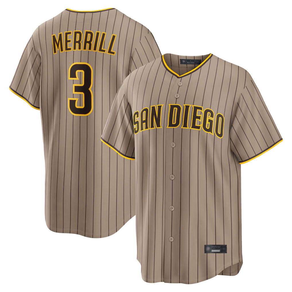 Rebec S.Diego Padres #3 Jackson Merrill Player Khaki Home Game Stitched Jerseys