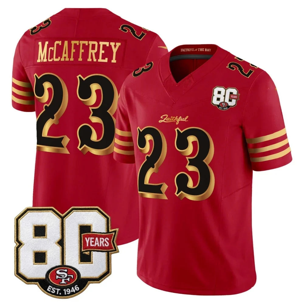 Rebec SF.49ers 49ers #23 Christian McCaffrey Red Gold 80th Anniversary Patch Rivalries F.U.S.E. Vapor Limited Football Stitched jersey