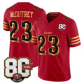 Rebec SF.49ers 49ers #23 Christian McCaffrey Red Gold 80th Anniversary Patch Rivalries F.U.S.E. Vapor Limited Football Stitched jersey