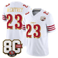 Rebec SF.49ers 49ers #23 Christian McCaffrey White Gold 80th Anniversary Patch Rivalries F.U.S.E. Vapor Limited Football jersey