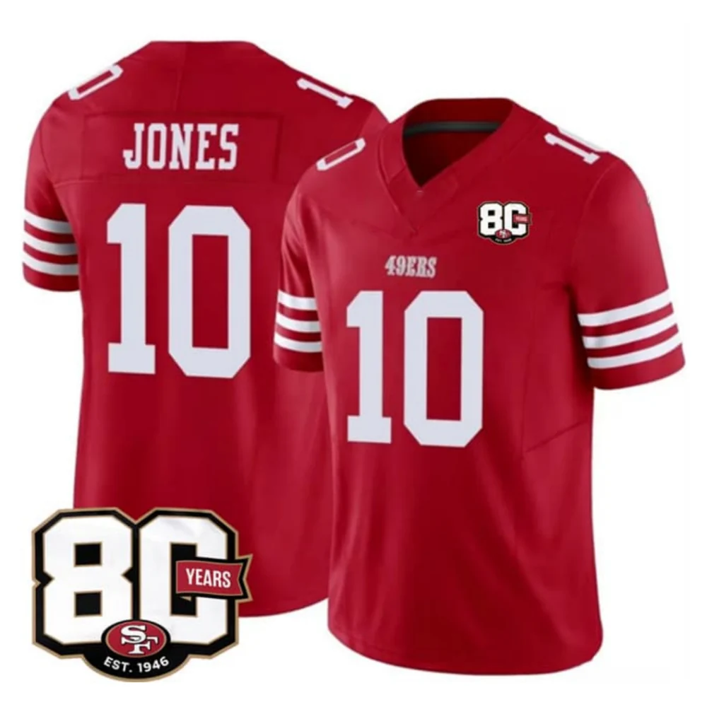 Rebec SF.49ers #10 Mac Jones Red 80th Anniversary Patch 2026 F.U.S.E. Vapor Limited Football Stitched Jersey