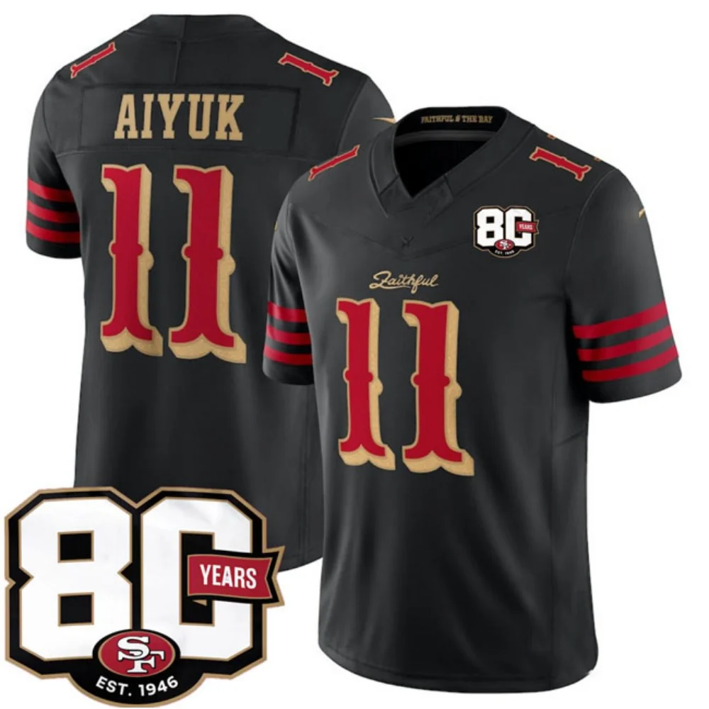 Rebec SF.49ers #11 Brandon Aiyuk Black 80th Anniversary Patch Rivalries F.U.S.E. Vapor Limited Football Stitched Jersey