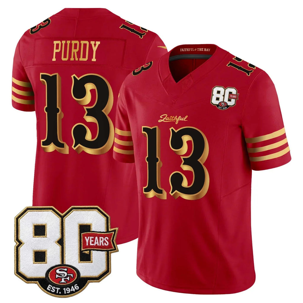 Rebec SF.49ers #13 Brock Purdy Red 80th Anniversary Patch Rivalries F.U.S.E. Vapor Limited Football Stitched Jersey
