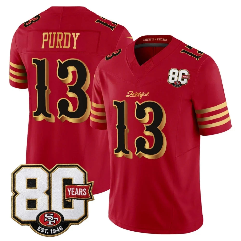 Rebec SF.49ers #13 Brock Purdy Red Gold 80th Anniversary Patch Rivalries F.U.S.E. Vapor Limited Football Stitched Jersey