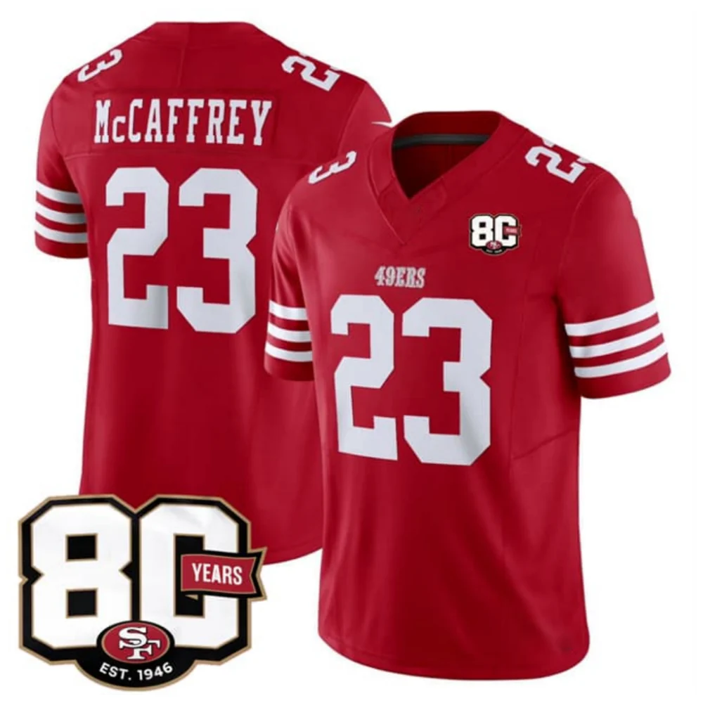 Rebec SF.49ers #23 Christian McCaffrey Red 80th Anniversary Patch 2026 F.U.S.E. Vapor Limited Football Stitched Jersey