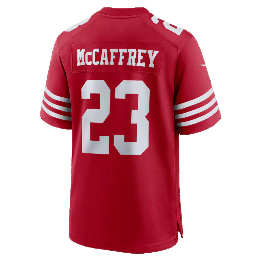 SF.49ers #23 Christian McCaffrey Scarlet Rebec 80th Anniversary Game Stitched Jerseys