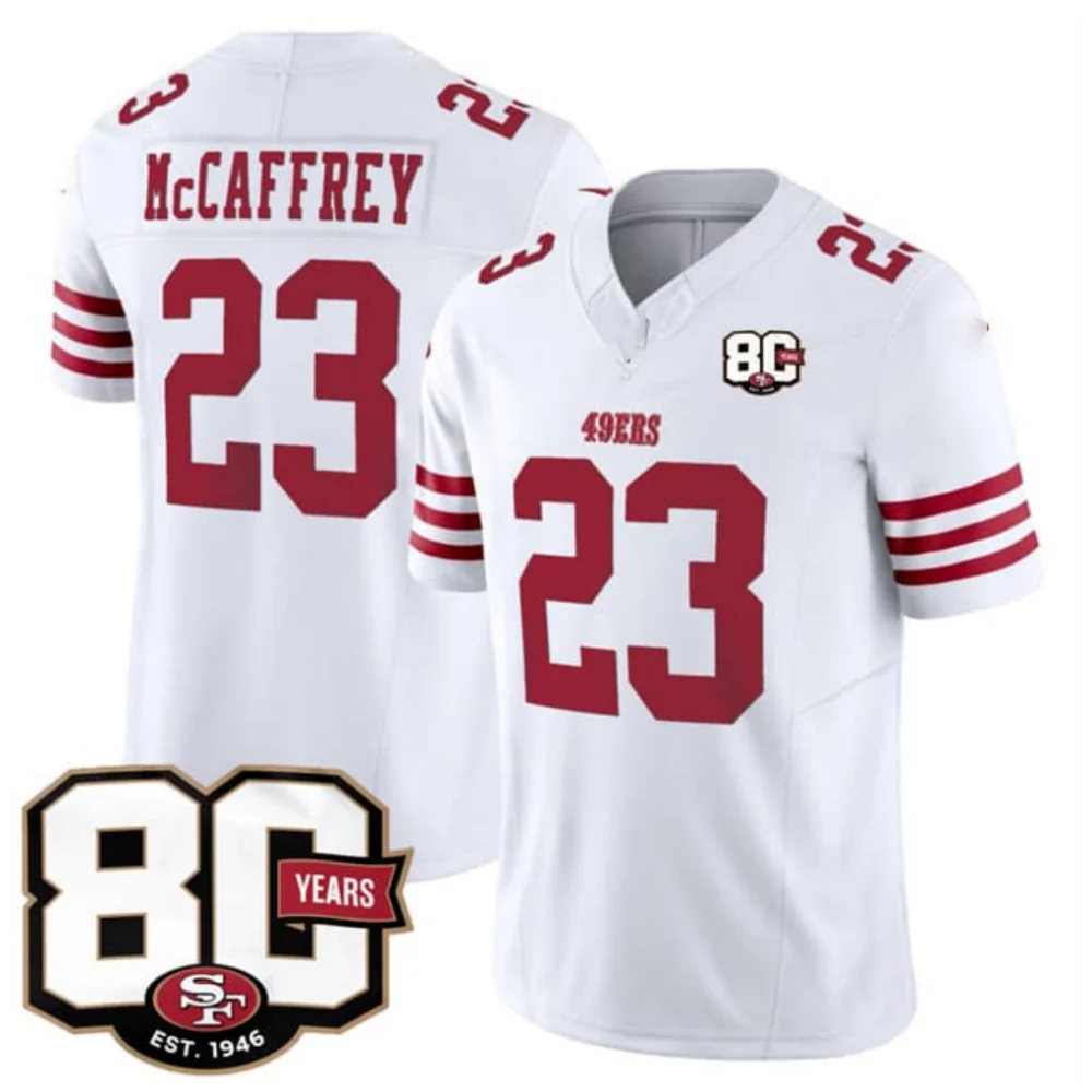 Rebec SF.49ers #23 Christian McCaffrey White 80th Anniversary Patch 2026 F.U.S.E. Vapor Limited Football Stitched Jersey