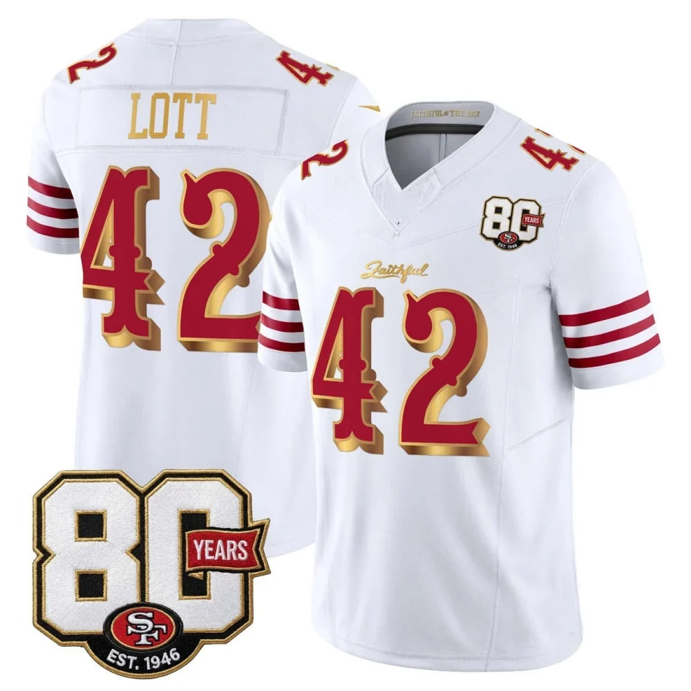 Rebec SF.49ers #42 Ronnie Lott White Gold 80th Anniversary Patch Rivalries F.U.S.E. Vapor Limited Football Stitched Jersey