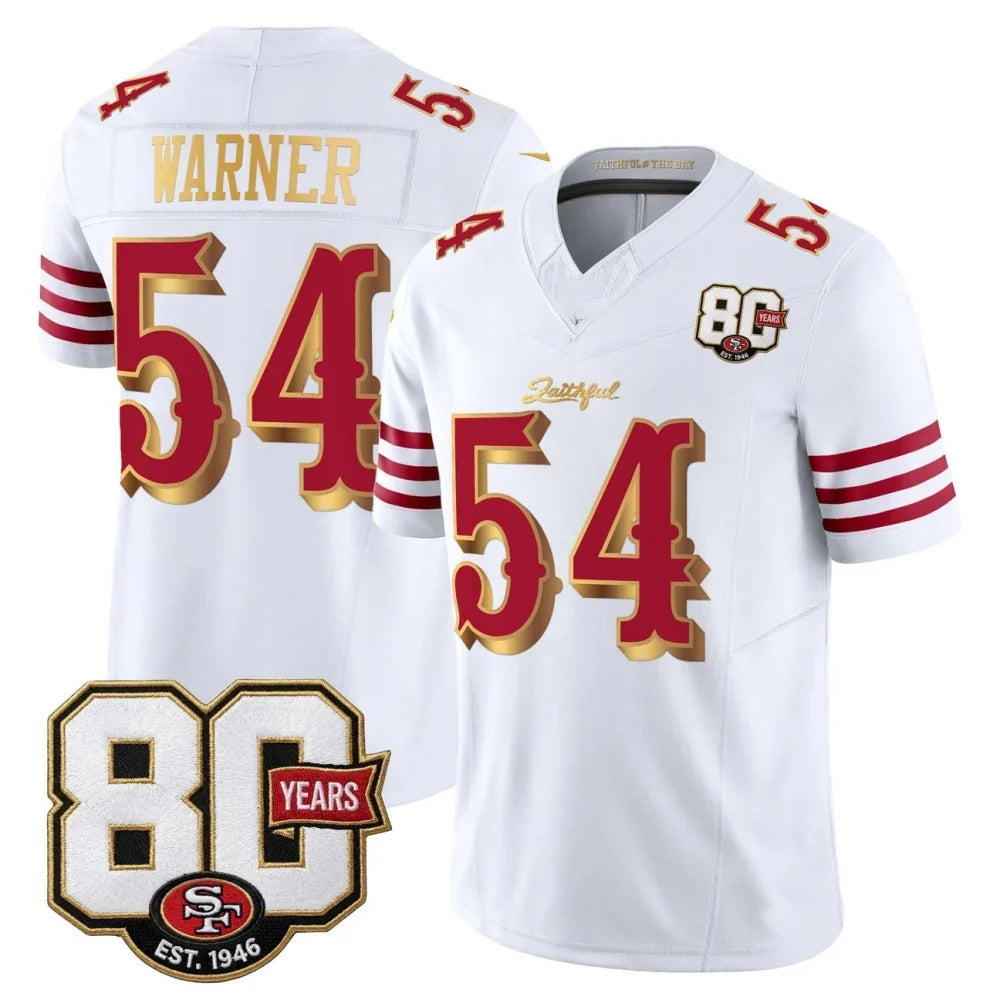 Rebec SF.49ers #54 Fred Warner White Gold 80th Anniversary Patch Rivalries F.U.S.E. Vapor Limited Football Stitched Jersey