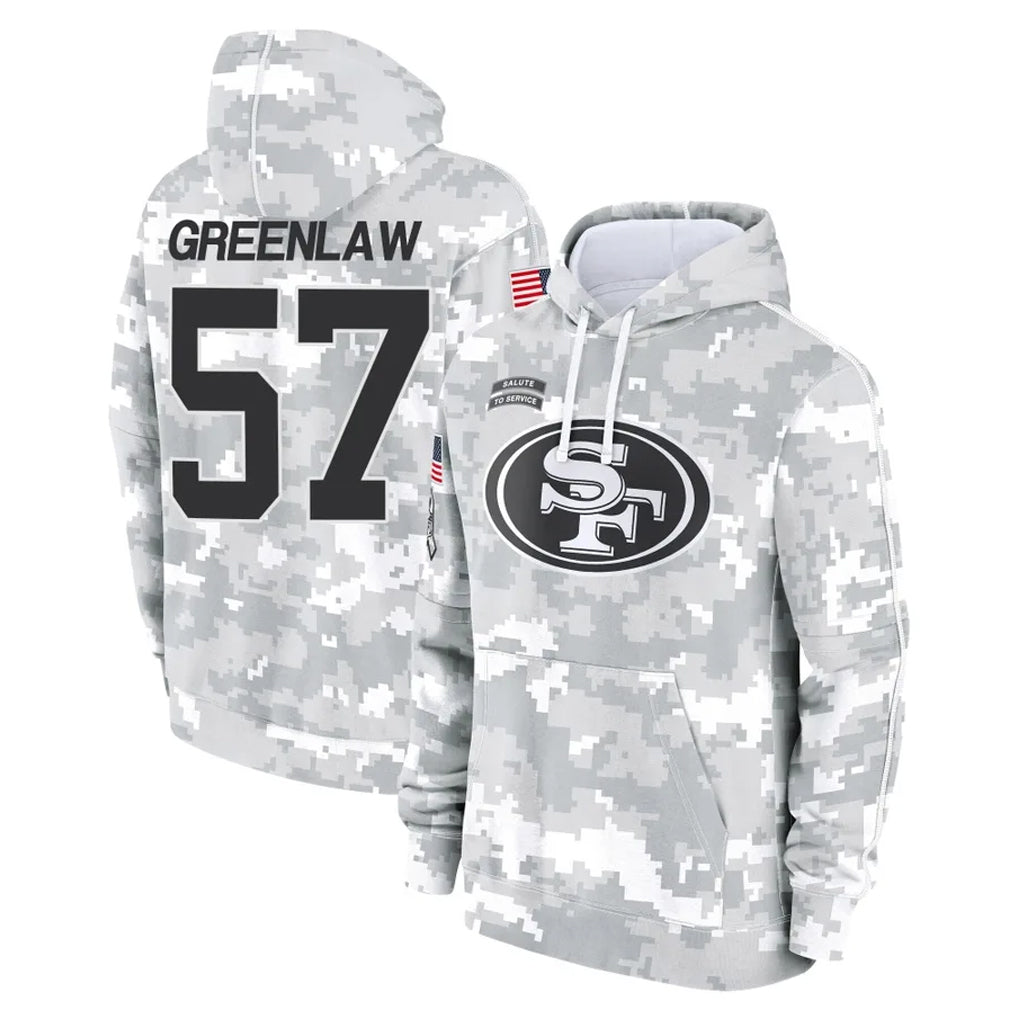 Rebec SF.49ers #57 Dre Greenlaw Player Arctic Camo Limited Salute to Service Pullover Hoodies Game Stitched Jerseys