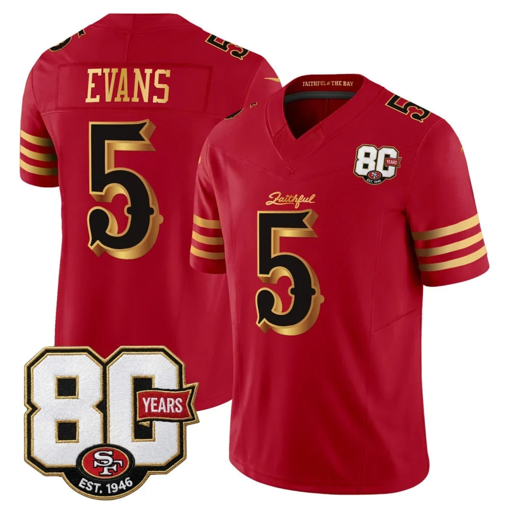 Rebec SF.49ers #5 Mike Evans Red Gold 80th Anniversary Patch Rivalries F.U.S.E. Vapor Limited Football Stitched Jersey