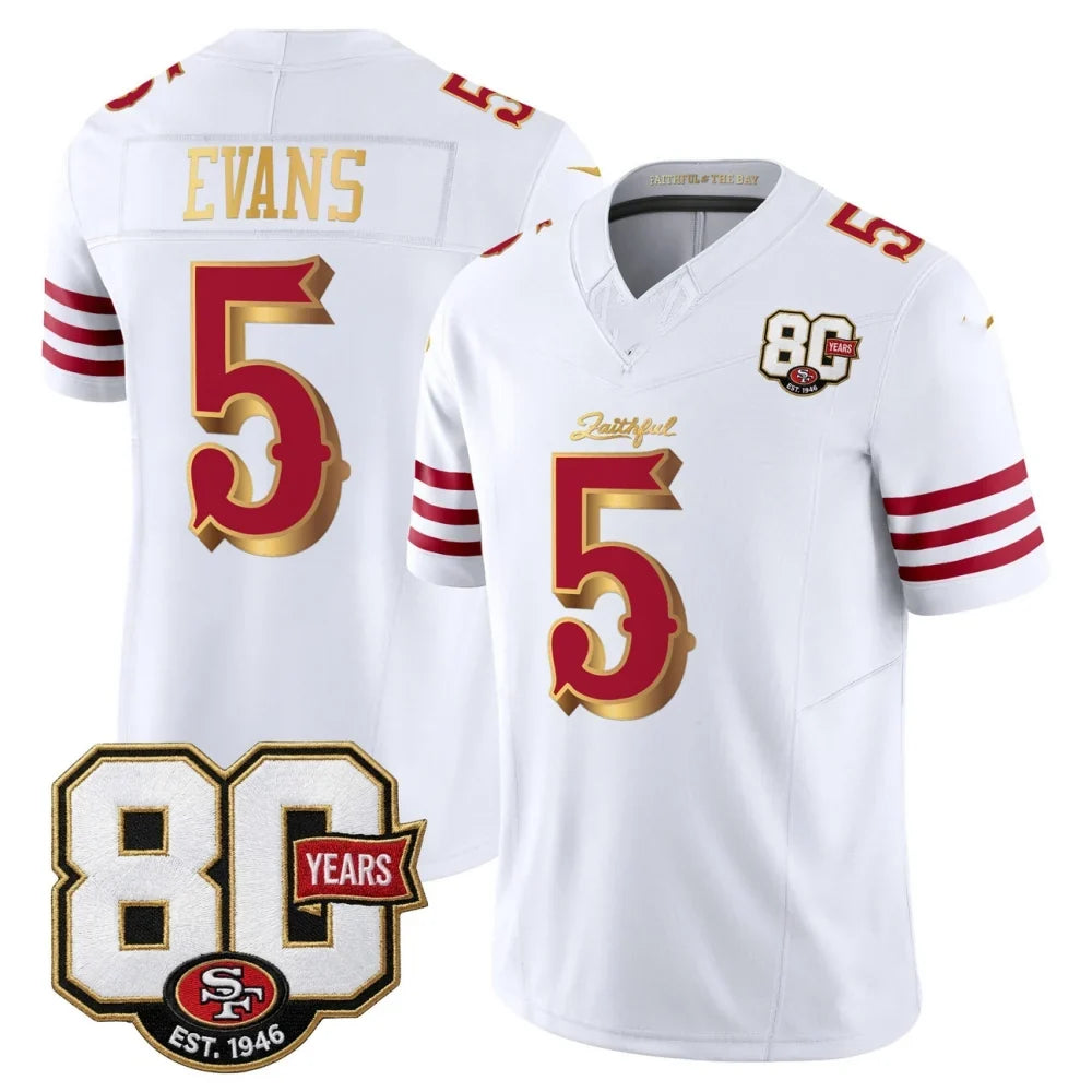 Rebec SF.49ers #5 Mike Evans White Gold 80th Anniversary Patch Rivalries F.U.S.E. Vapor Limited Football Stitched Jersey