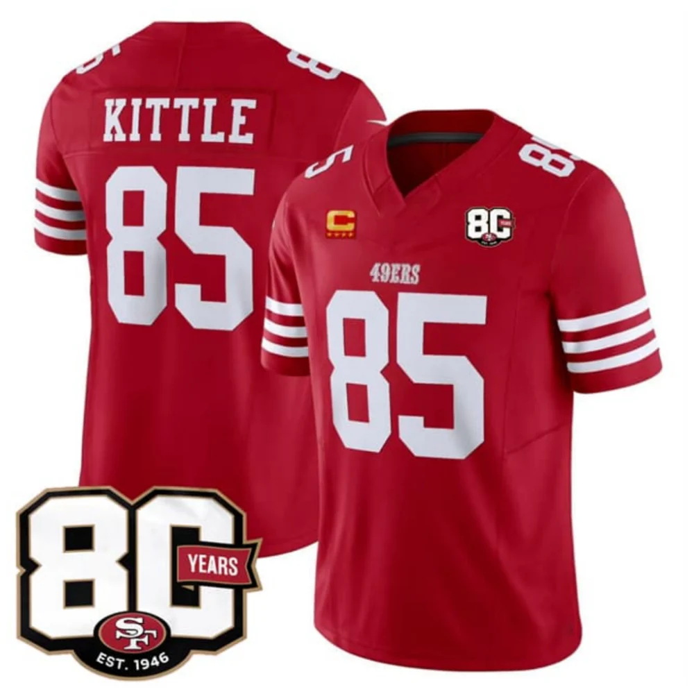 Rebec SF.49ers #85 George kittle Red 80th Anniversary Patch And 4-Star C Patch 2026 F.U.S.E. Vapor Limited jerseys