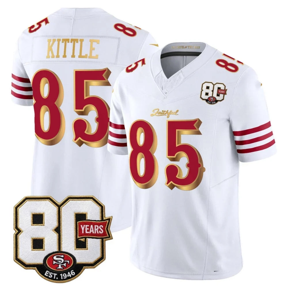 Rebec SF.49ers #85 George kittle White Gold 80th Anniversary Patch Rivalries F.U.S.E. Vapor Limited Football Stitched Jersey