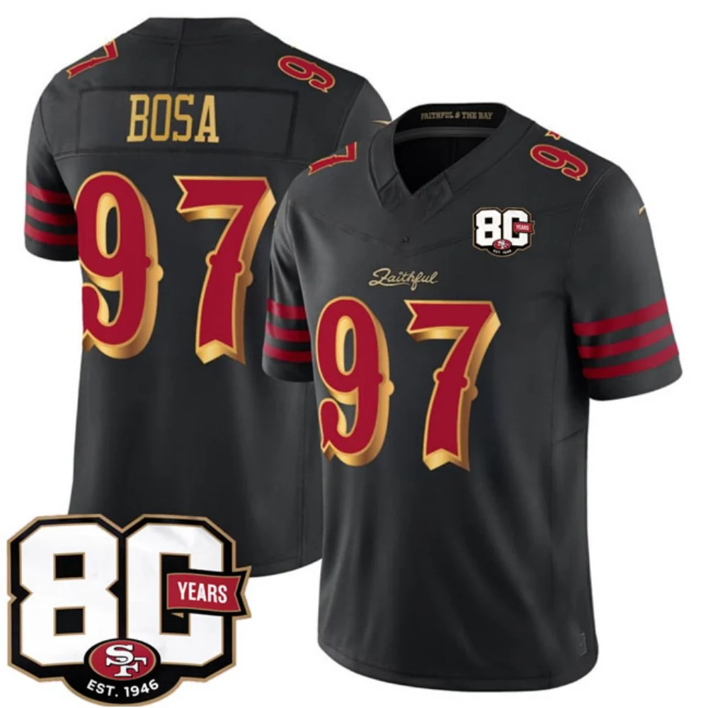 Rebec SF.49ers #97 Nick Bosa Black 80th Anniversary Patch Rivalries F.U.S.E. Vapor Limited Football Stitched Jersey