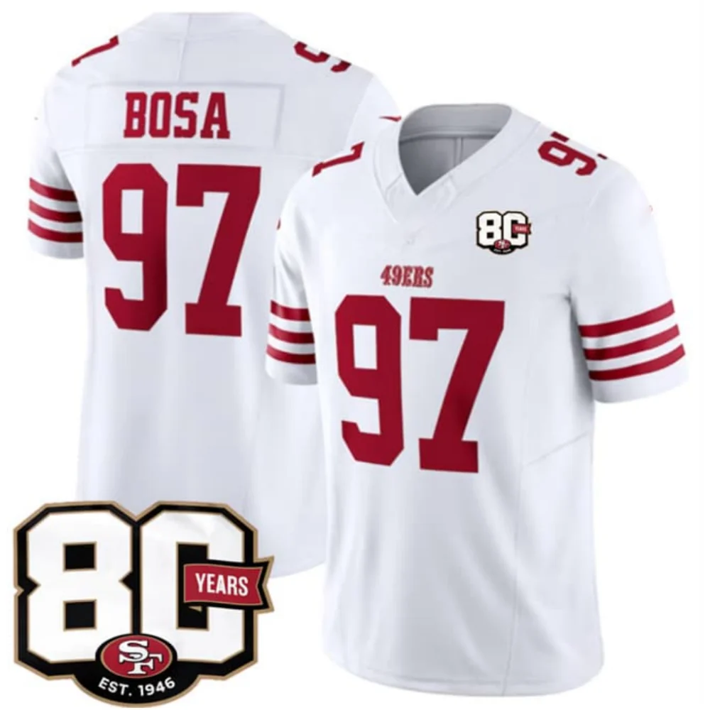 Rebec SF.49ers #97 Nick Bosa White 80th Anniversary Patch 2026 F.U.S.E. Vapor Limited Football Stitched Jersey