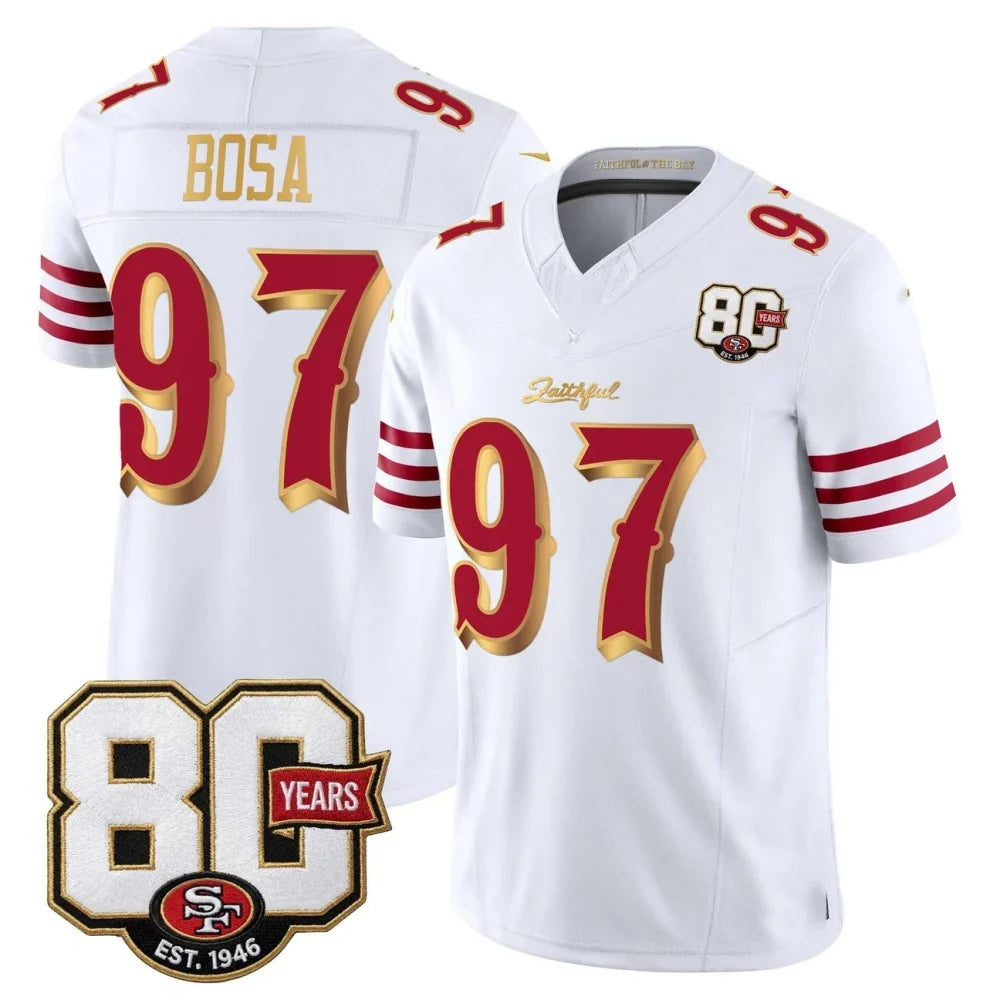 Rebec SF.49ers #97 Nick Bosa White Gold 80th Anniversary Patch Rivalries F.U.S.E. Vapor Limited Football Stitched Jersey