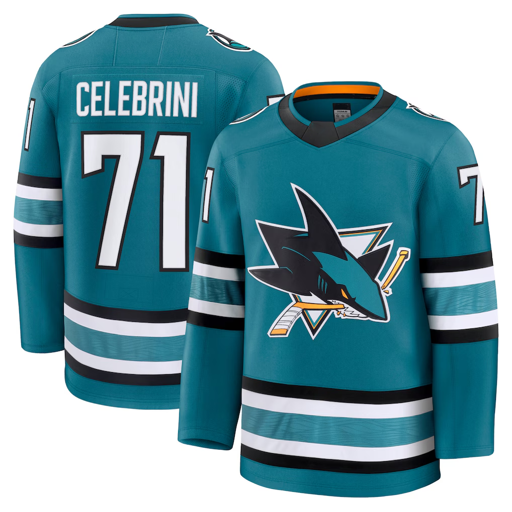 Rebec SJ.Sharks #71 Macklin Celebrini Teal Home Premium Jerseys