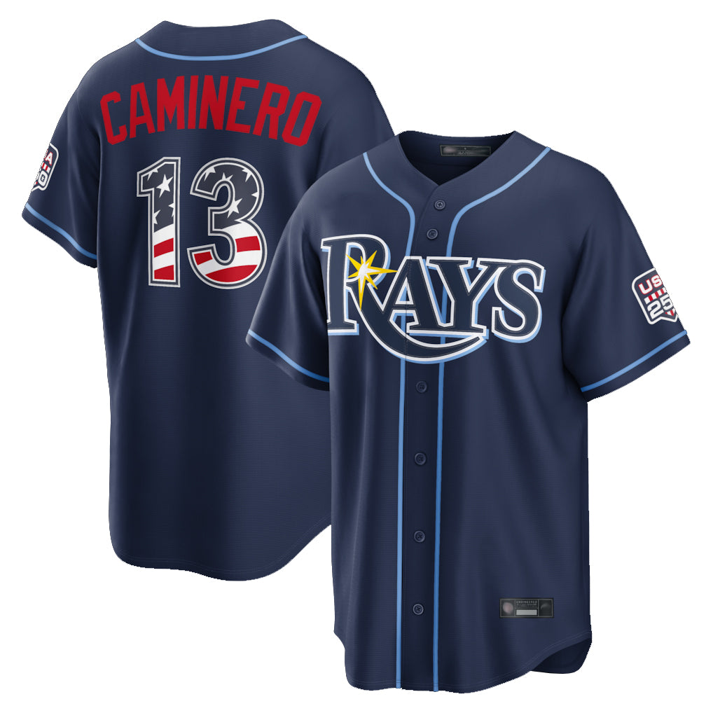 Rebec T.Bay Rays #13 Junior Caminero Player Navy USA 250 Fourth of July Limited Home Game Stitched Jerseys