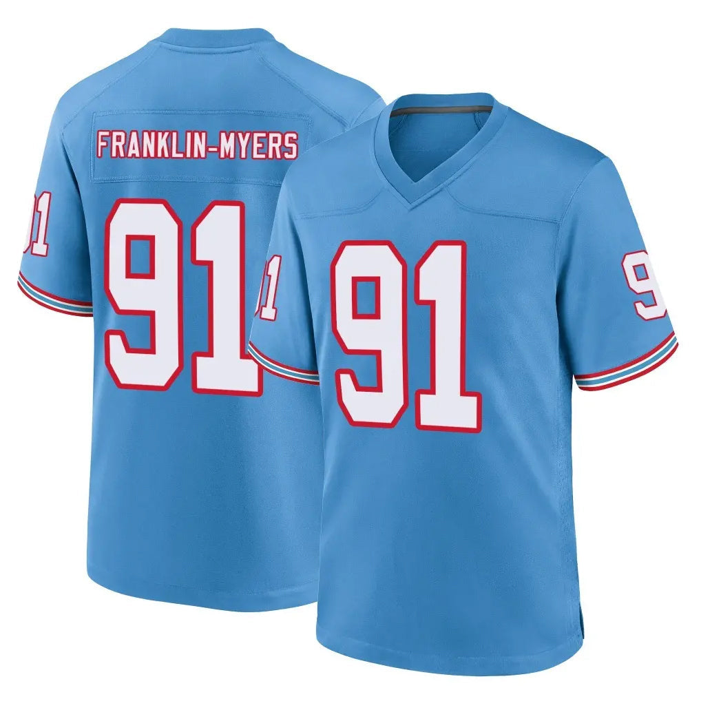 Rebec T.Titans #91 John Franklin-MyersPlayer Light Blue Oilers Throwback Home Game Stitched Jerseys