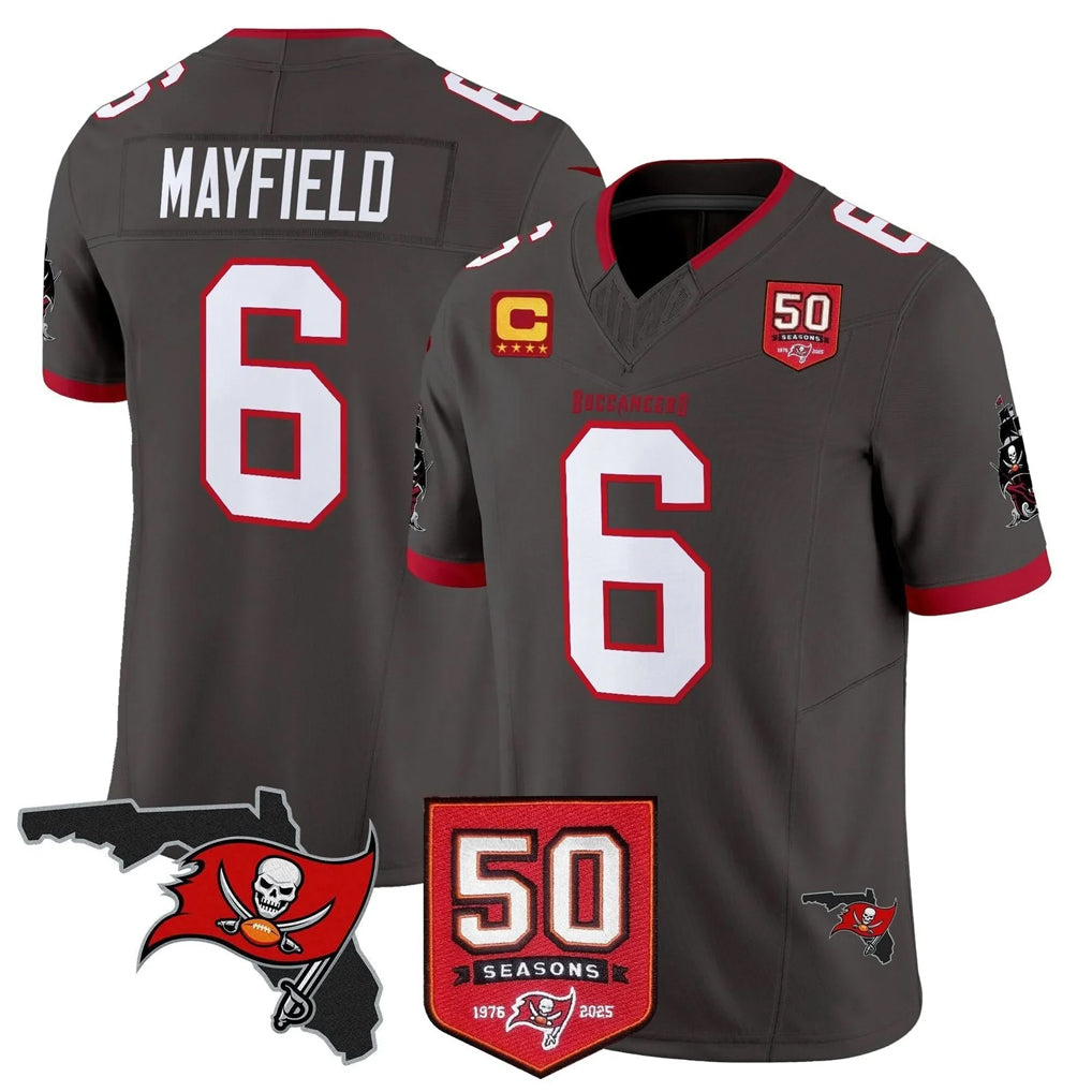 Rebec TB.Buccaneers #6 Baker Mayfield Player Pewter 50th Season Vapor Limited Home Game Stitched Jerseys
