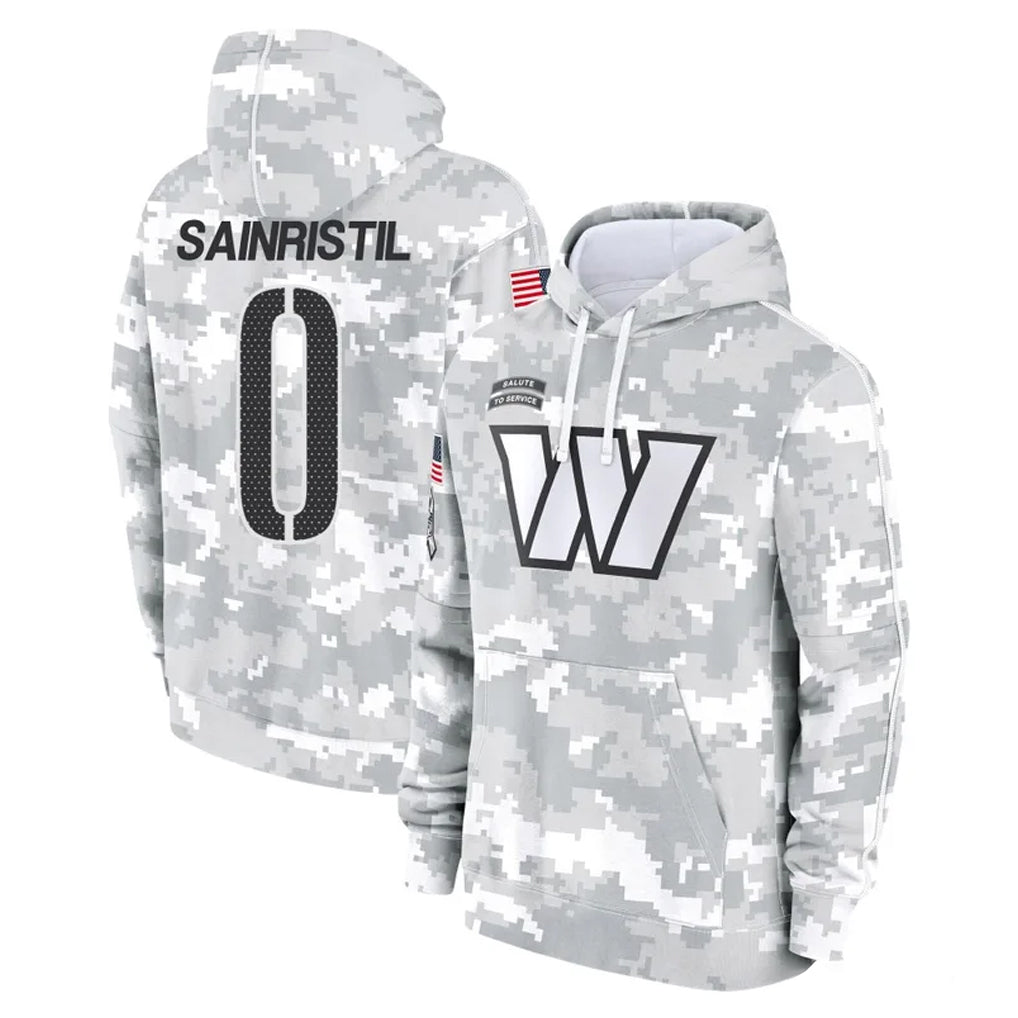 Rebec W.Commanders #0 Mike Sainristil Player Arctic Camo Limited Salute to Service Pullover Hoodies Game Stitched Jerseys