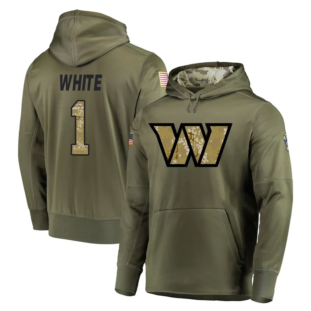 Rebec W.Commanders #1 Rachaad White Player Olive Salute to Service Pullover Hoodie Limited Home Game Stitched Jerseys