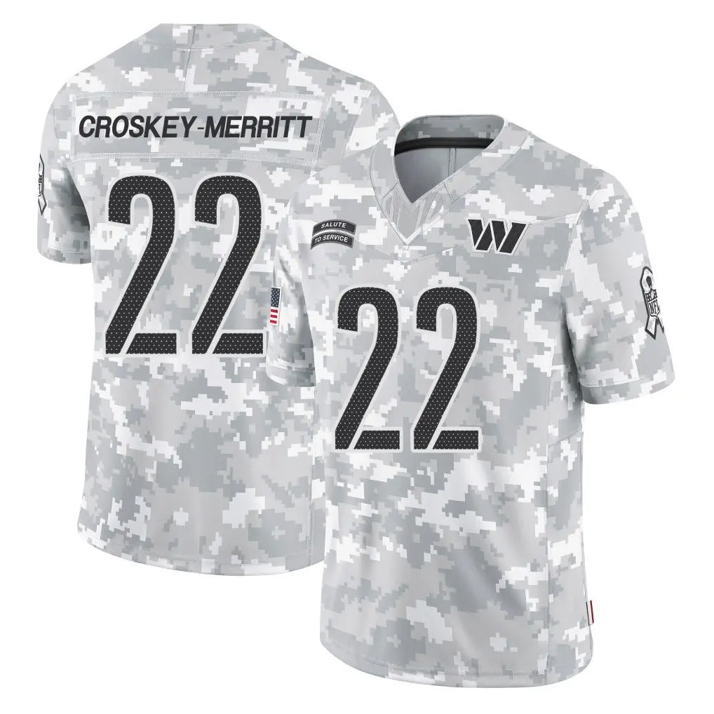 Rebec W.Commanders #22 Jacory Croskey-Merritt Player Arctic Camo Limited Salute To Service Home Game Stitched Jerseys