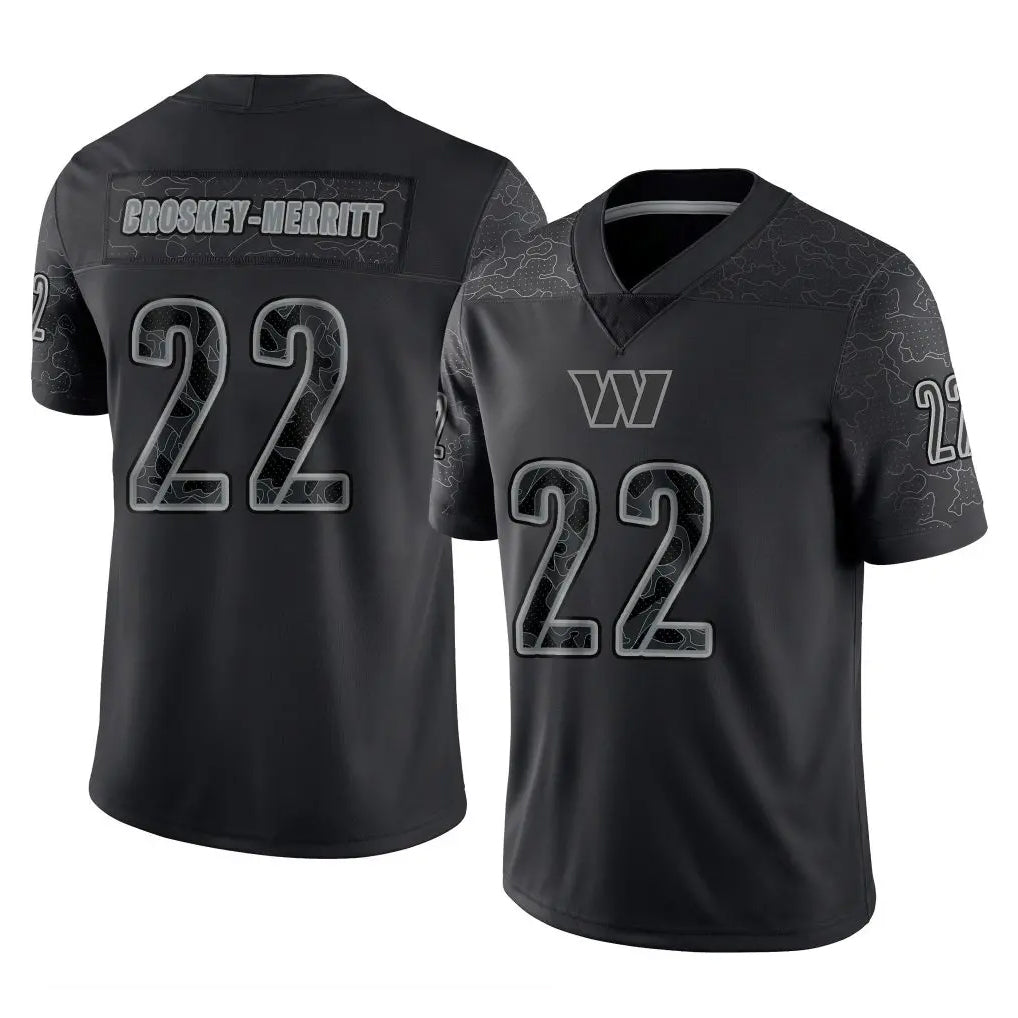 Rebec W.Commanders #22 Jacory Croskey-Merritt Player Black Limited Reflective Home Game Stitched Jerseys