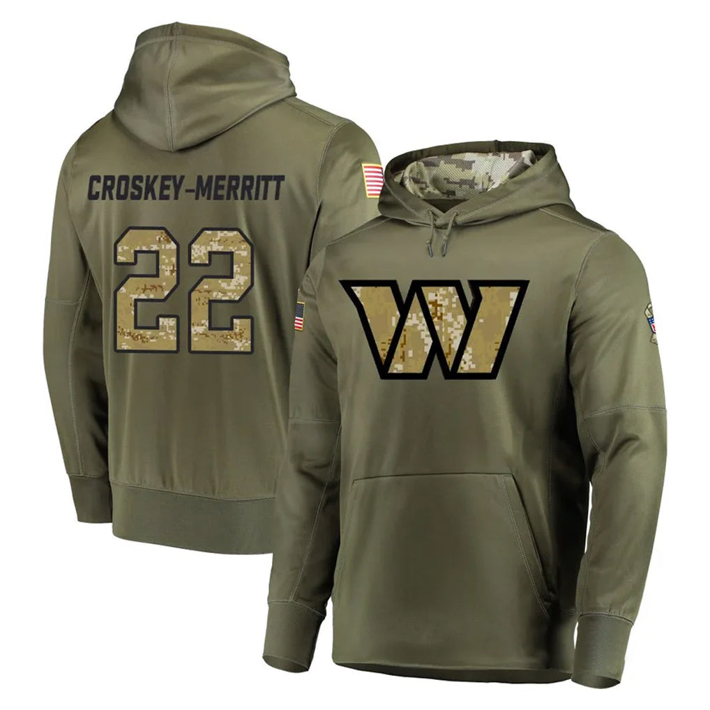 Rebec W.Commanders #22 Jacory Croskey-Merritt Player Olive Salute to Service Pullover Hoodie Limited Home Game Stitched Jerseys