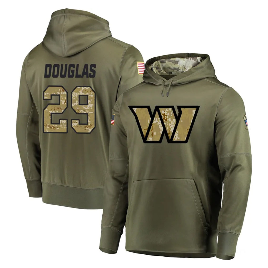 Rebec W.Commanders #29 Rasul Douglas Player Olive Salute to Service Pullover Hoodie Limited Home Game Stitched Jerseys