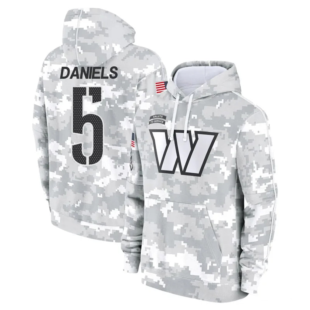 Rebec W.Commanders #5 Jayden Daniels Player Arctic Camo Limited Salute to Service Pullover Hoodies Game Stitched Jerseys