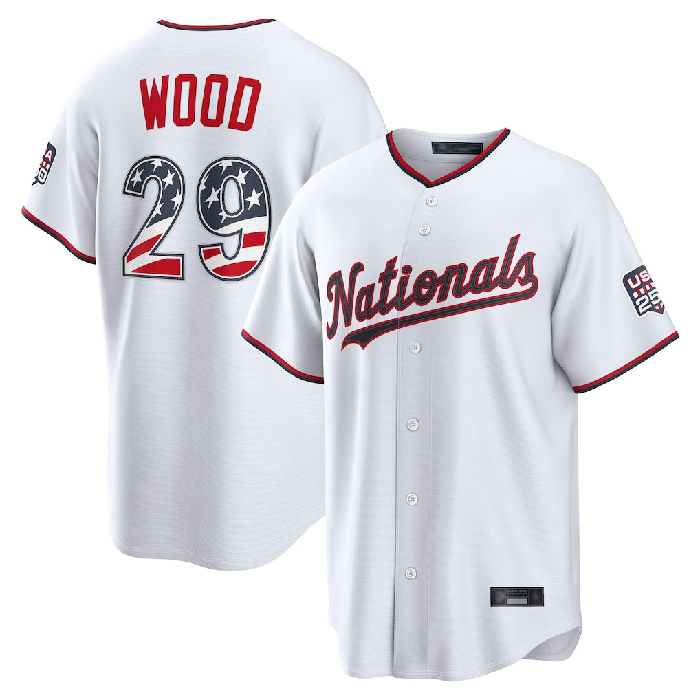 Rebec W.Nationals #29 James Wood Player White USA 250 Fourth of July Limited Home Game Stitched Jerseys
