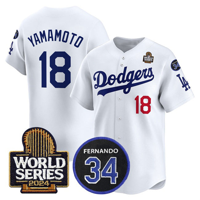 Rebec Los Angeles Dodgers #18 Yoshinobu Yamamoto White  2024 World Series With Fernando Memorial Patch Limited Stitched Jersey
