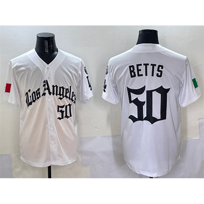 Rebec Los Angeles Dodgers #50 Mookie Betts White  Mexico 2025 LA Gothic Style With Fernando Patch Vapor Premier Limited Stitched Jersey