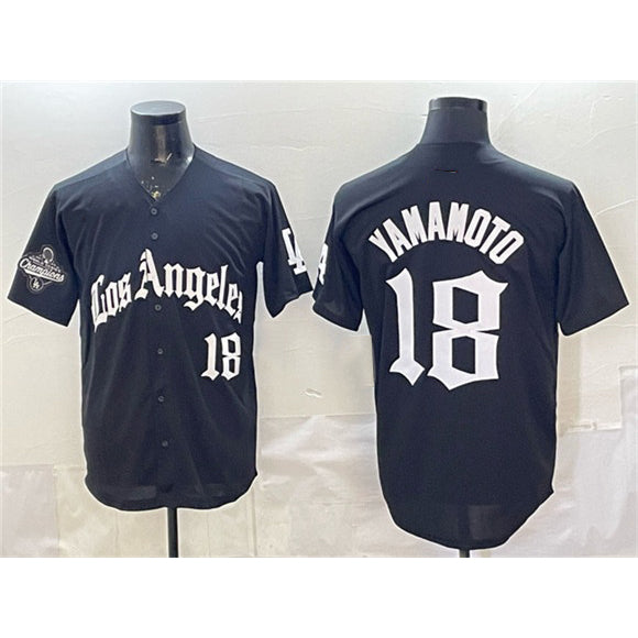 Rebec Los Angeles Dodgers #18 Yoshinobu Yamamoto Black  LA Gothic Style With 2025 World Series Champions Patch Limited Stitched Jersey