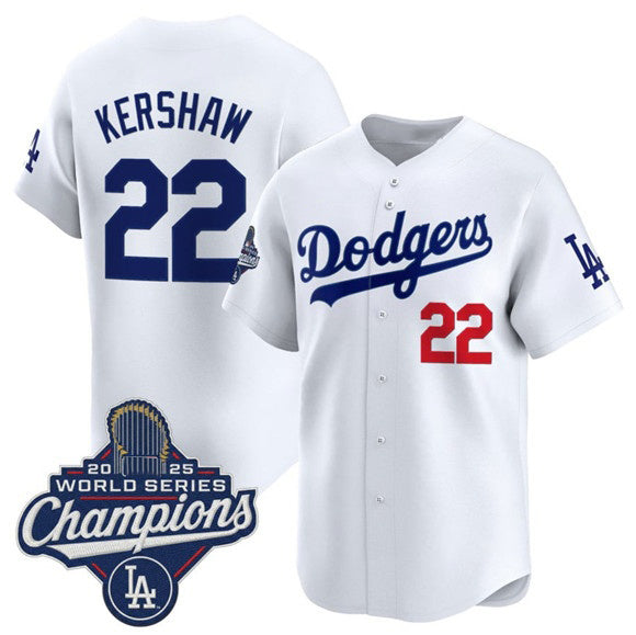 Rebec Los Angeles Dodgers #22 Clayton Kershaw White  2025 Champions Stitched Jersey