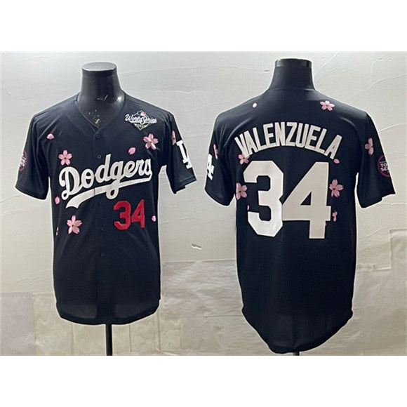 Rebec Los Angeles Dodgers #34 Fernando Valenzuela Black  2025 World Series Patch Tokyo Series Limited Stitched Jersey