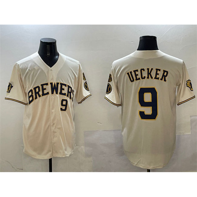 Rebec Milwaukee Brewers #9 Bob Uecker Cream  With Home Patch Limited Stitched Baseball Jersey