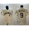 Rebec Milwaukee Brewers #9 Bob Uecker Cream  With Home Patch Limited Stitched Baseball Jersey