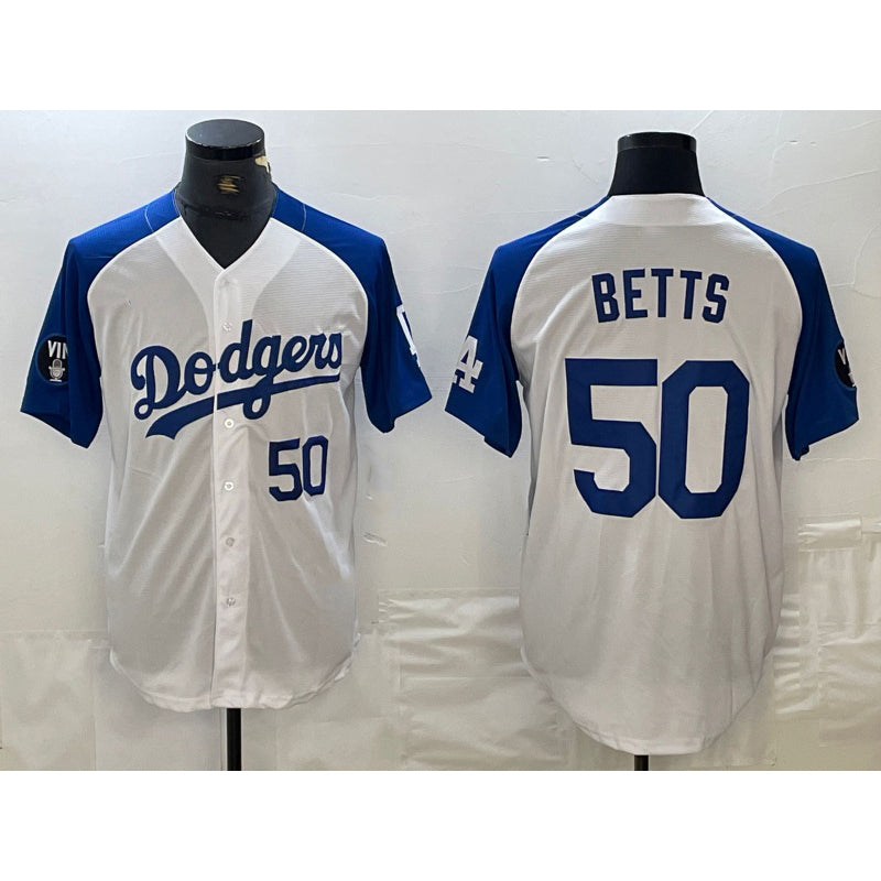 Rebec Los Angeles Dodgers #50 Mookie Betts Number White Blue  Fashion Stitched Cool Base Limited Jersey 2