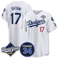 Rebec Los Angeles Dodgers #17 Shohei Ohtani White  2025 World Series With No. 34 Patch Limited Stitched Jersey
