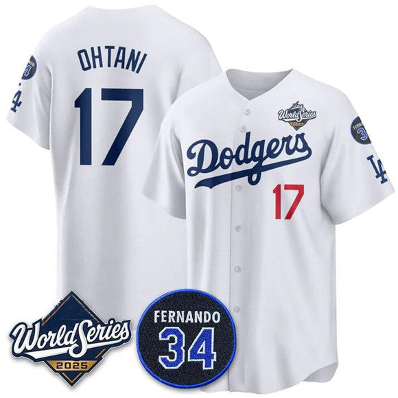 Rebec Los Angeles Dodgers #17 Shohei Ohtani White  2025 World Series With No. 34 Patch Limited Stitched Jersey