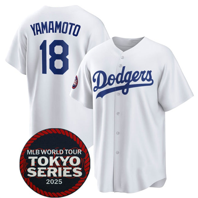 Rebec Los Angeles Dodgers #18 Yoshinobu Yamamoto White  2025 World Tour Tokyo Series Home Stitched Jersey