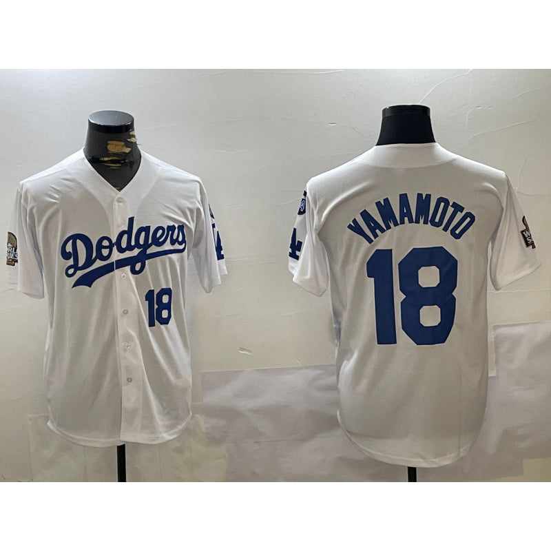 Rebec Los Angeles Dodgers #18 Yoshinobu Yamamoto White  2024 World Series With Fernando Memorial Patch Home Limited Stitched Jersey 2