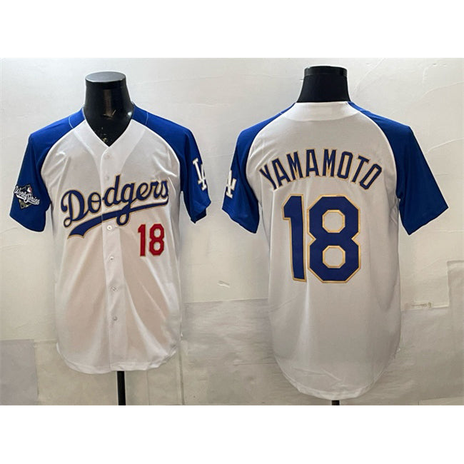 Rebec Los Angeles Dodgers #18 Yoshinobu Yamamoto White Royal  2025 World Series Patch Limited Stitched Jersey