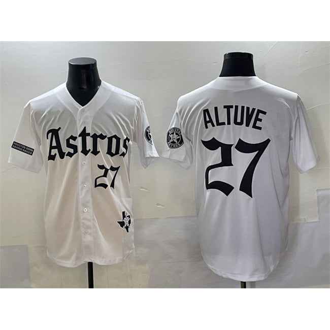 Rebec Houston Astros #27 Jose Altuve White  Gothic 'Houston Born Barrio Raised' Limited Stitched Jersey