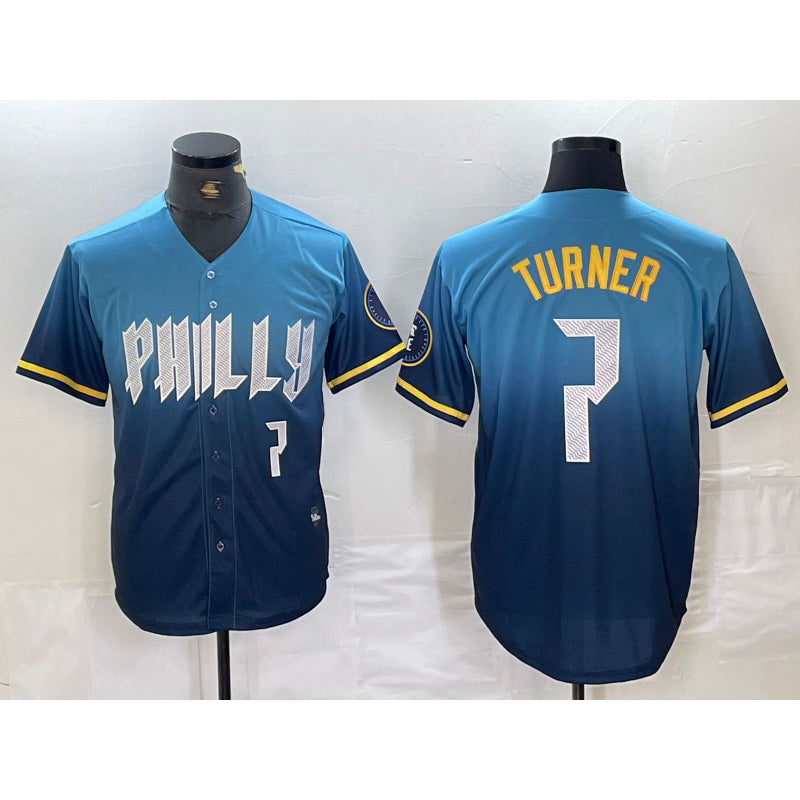 Rebec Philadelphia Phillies #7 Trea Turner Number Blue  2024 City Connect Limited Stitched Jersey 2