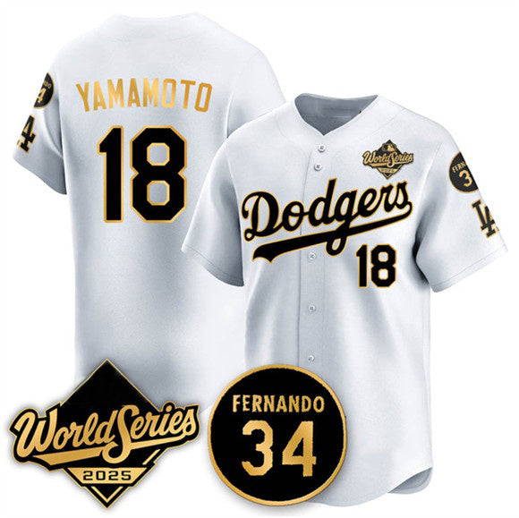 Rebec Los Angeles Dodgers #18 Yoshinobu Yamamoto White Gold  2025 World Series With No.34 Patch Limited Stitched Jersey