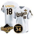 Rebec Los Angeles Dodgers #18 Yoshinobu Yamamoto White Gold  2025 World Series With No.34 Patch Limited Stitched Jersey